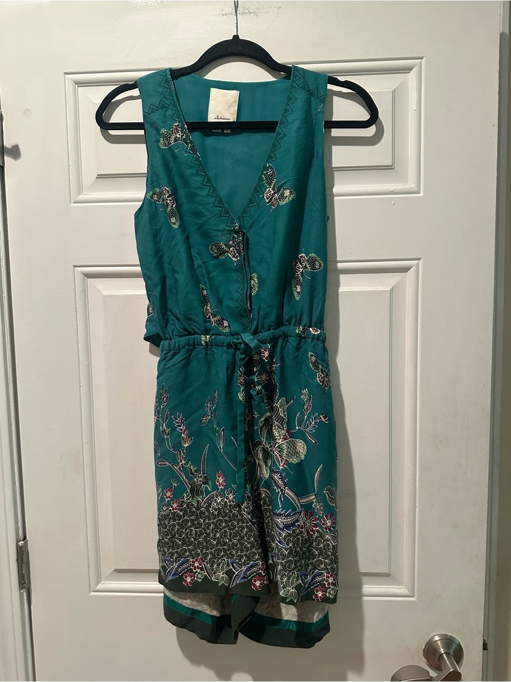 Anthropologie elevenses Teal Floral Sleeveless Mini Romper with Tie Waist